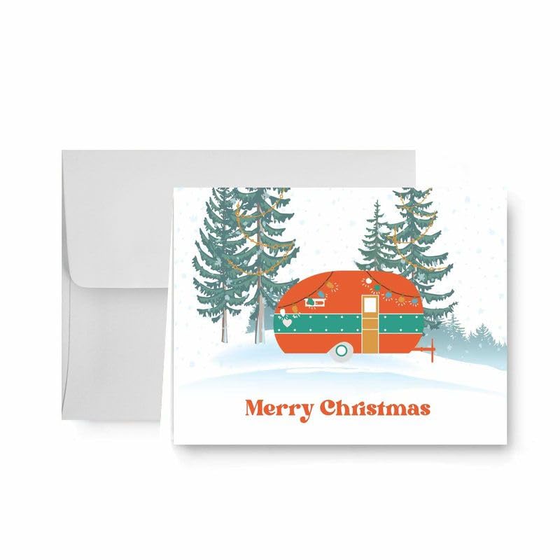 Paper Frenzy Tarjetas navideñas para acampar con sobres de papel kraft, paquete de 25