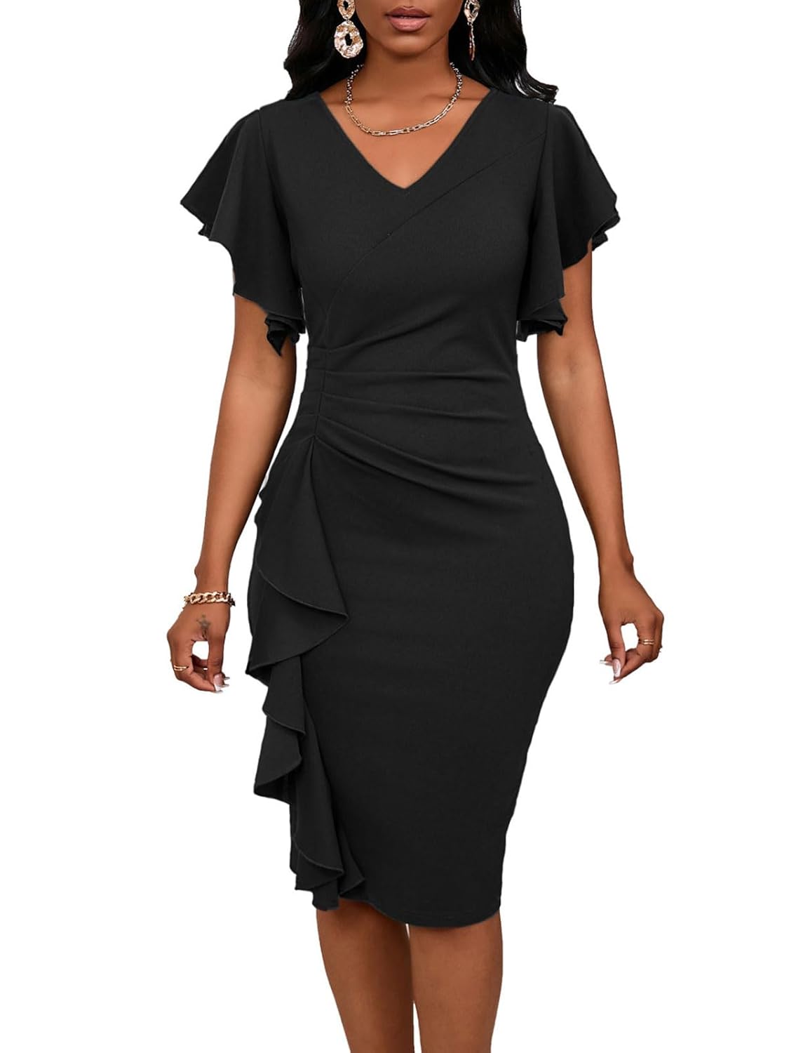 Bdwinz Summer Church Dress for Women V Neck Ruffle Short Sleeve Bodycon Work Midi Dresses