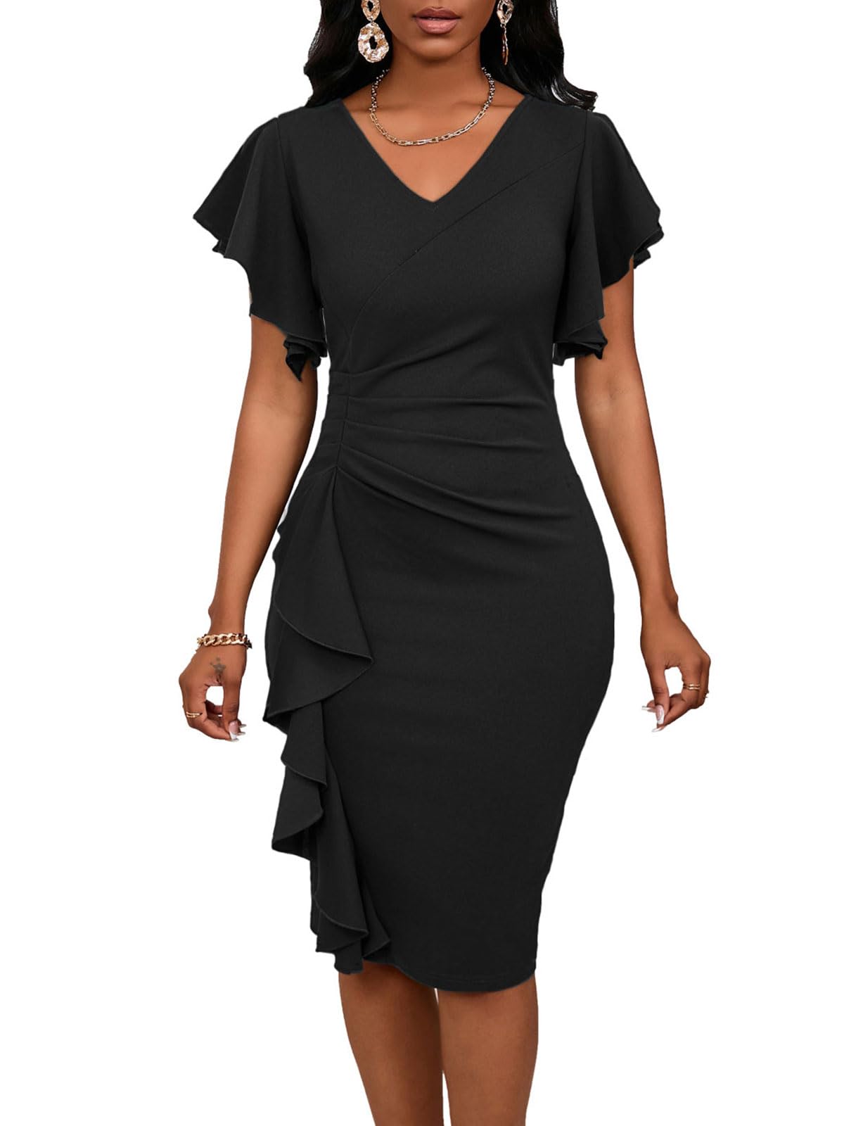 Bdwinz Summer Church Dress for Women V Neck Ruffle Short Sleeve Bodycon Work Midi Dresses