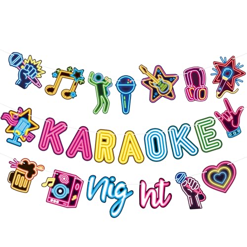KARAQY Karaoke Party Decorations, 3PCS Karaoke Night Banners, Neon Music Theme Garland for Birthday, Bachelorette Party, Game Night
