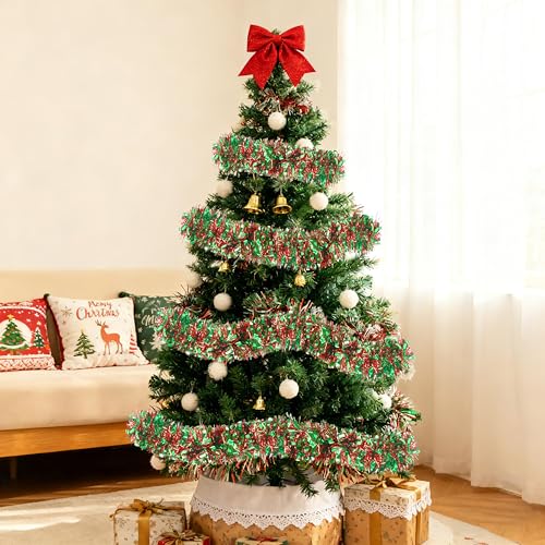 Image of 70 Ft Christmas Tinsel Garland Metallic Tinsel Twist Garland Glitter Christmas Tree Hanging Decorations New Year Party Birthday Holiday Indoor Outdoor Supplies (Red Green)