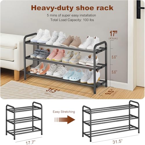 Image of Expandable 3-Tier Shoe Rack for Closet & Entryway, Metal Shoe Organizer | Expandable • Adjustable Width • Holds 12 Pairs • Heavy-Duty Metal • Tool-Free Assembly • Fits Small Spaces