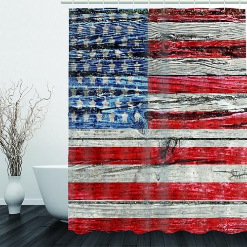 Rideau de douche motif drapeau américain lavable en polyester bleu rouge - 3