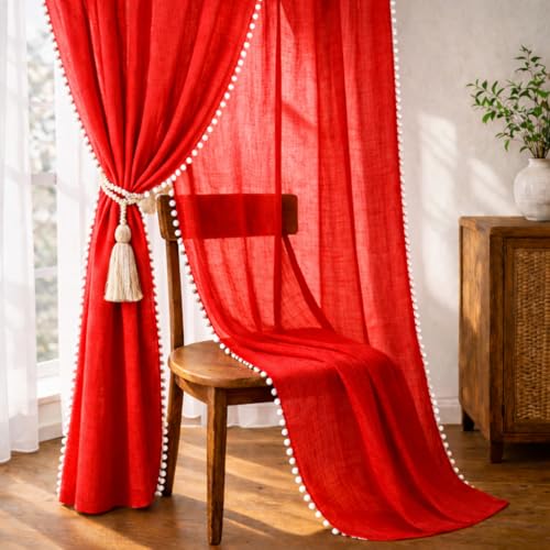 Image of THE LINEN COMPANY Window Curtains Sheer Cotton Curtains with Pom Pom Lace Rod Pocket Transparent Net Curtains for Window Curtains Door Curtains Chilli Red 7.5 Ft Pack of 2