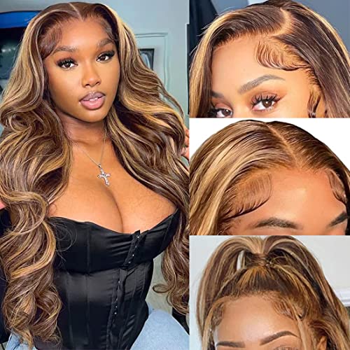 Aolisox Highlight Ombre Lace Front Wig Human Hair Pre Plucked 13x4 HD Transparent 4/27 Honey Blonde Lace Frontal Wigs 180% Density Colored Body Wave Lace Front Human Hair Wig for Women 34 Inch