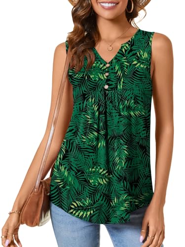 CATHY Womens Summer Sleeveless Tank Top V Neck Button Blouse Casual Pleated Basic Henley Shirts2