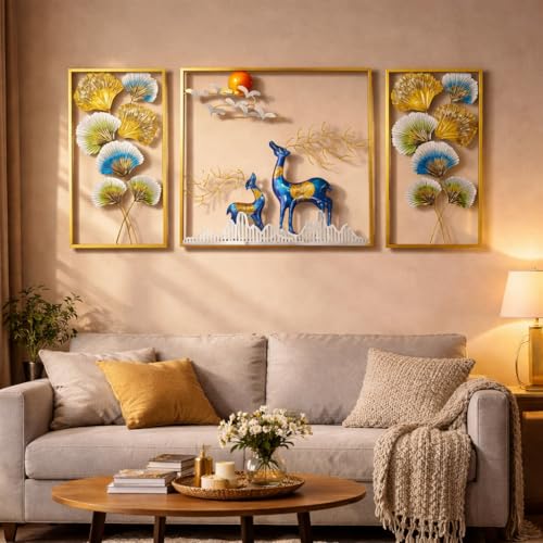 Image of iHandikart 3 Piece Metal Wall Art Deer & Ginkgo Leaf Design | 3 Panel Wall Decor for Living Room | Modern Forest Theme Metal Wall Hanging for Home, Bedroom & Hall | Deer Wall Art Set | 52x25 Inch