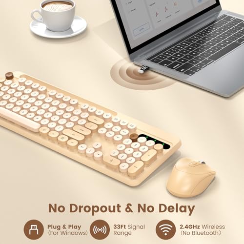 Image of Wireless Keyboard and Mouse Combo, Retro Round Keycaps, Full-Size Stylish Typewriter Keyboard with Phone /Tablet Holder, Ergonomic Mouse with 3-Level DPI, 2.4GHz Connection for Windows /PC (Milk-Tea)