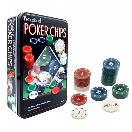 Shop SoftAir Juego de póquer profesional, 100 fichas en caja metálica, para Texas Hold'em y Blackjack, 19,5 x 12 x 5 cm, con botón distribuidor