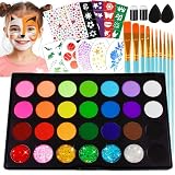 Face Painting Kit for Kids 28 Colors Water Based Non Toxic Face Paint Kit Professional Face Paint 6 colors Glitter Gel Hypoallergenic with Brushes Stencils Gems Sponges Safe for Halloween Party