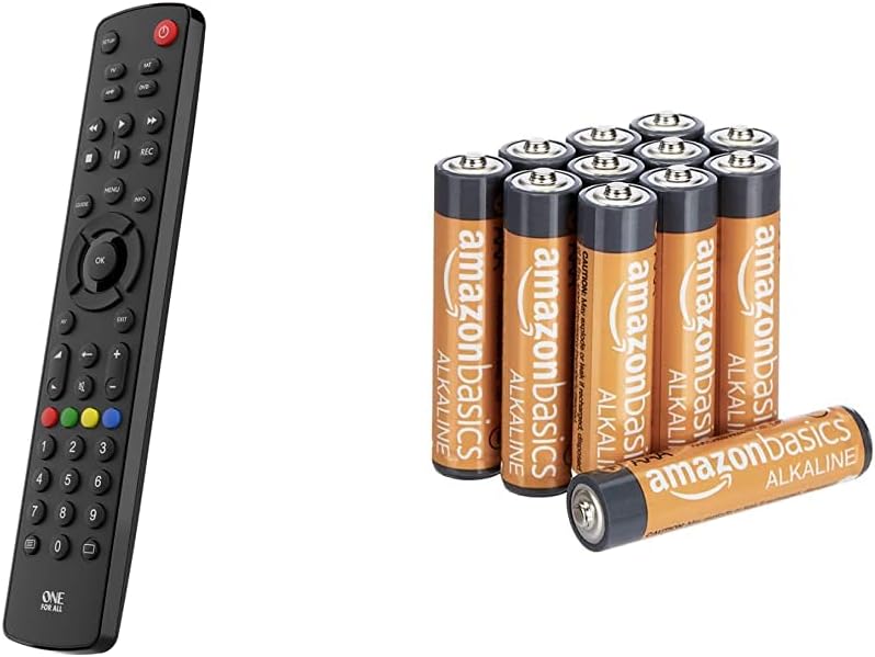 One For All URC1240 Contour Universal 4 in 1 Remote Control, Black, 2.0 cm*22.3 cm*4.4 cm & Amazon Basics AAA Alkaline Batteries, High-Performance (Triple A), 10-Year Shelf Life, 12-Pack
