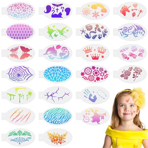 URAQT 24 PCS Face Paint Stencils Reusable Temporary Tattoo Stencils Tattoo Painting Templates for Kids Facial Painting Stencil for Party Christmas Halloween Carnivals E