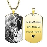 PHOCKSIN Personalised Gold Tag Pendant Necklace Engraving Text/Black & White Picture for Men Women Memorial Stainless Steel Jewelry Bundle with Adjustable 24' Chain
