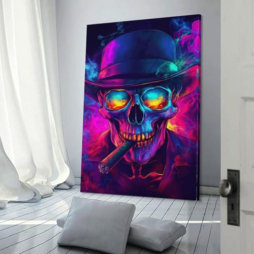 Toiles imprimées crâne néon tableau moderne 60x90 cm art mural grand format chambre ado