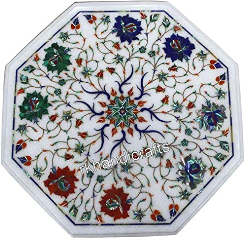 Multi Color Gemstones Inlay Work Coffee Table Top White Marble Bed End