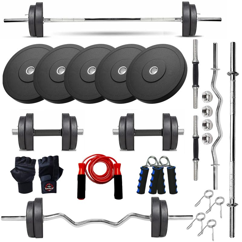 Image of Rubber Home Gym Combo 100KG with Weight Plates, 5ft Straight Bar, 3ft EZ Curl Rod, Dumbbell Rods, Gripper, Skipping Rope & Gloves for Full Body Workout