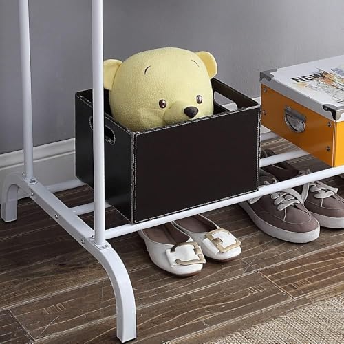 Image of Heavy Duty Metal Cloth Hanging Rack for Bedroom, Single Pole Clothing Organizer Stand with Bottom Shoe Shelf & Side Hooks for Bags, Hats & Coats, for kids White