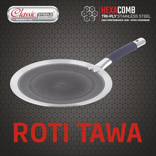 Image of Classic Steels Hexa Comb Roti Tawa 28cm - 2.5mm Thick | Non-Stick Triply Stainless Steel Roti Tawa for Roti, Chapati, Paratha | Induction & Gas Compatible| Durable Stay Cool Silicon Handle