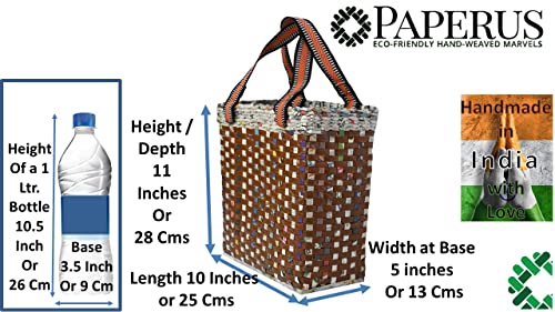 Image of PAPERUS Re-usable Small Brown Check Carry Bag | Shopping Bag | Handbag | Tiffin Basket | Lunch Bag, Eco-Friendly Handmade of Paper Ropes 11 in Tall 10 in Length 5 in Wide Base