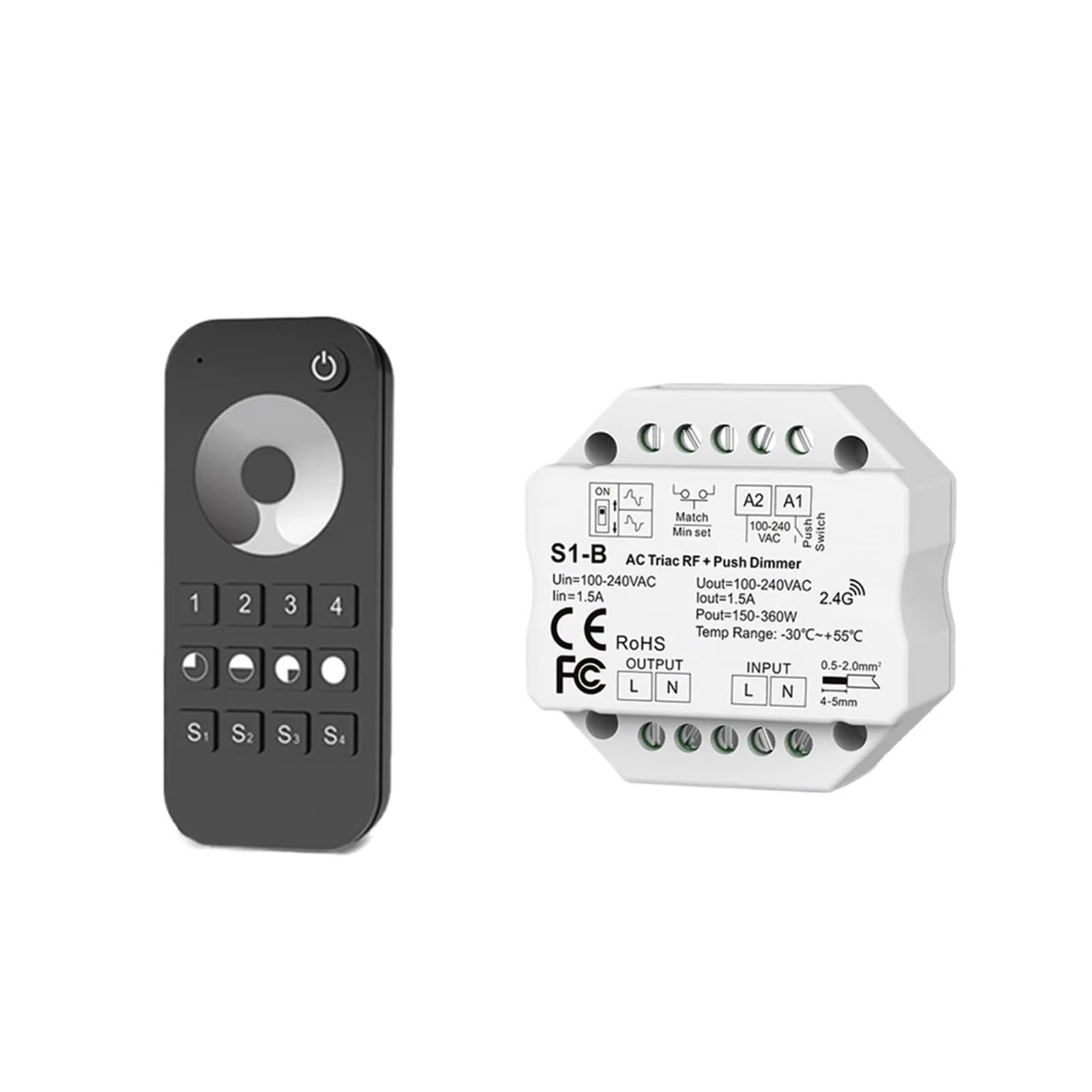 2.4G AC Triac LED Dimming Controller 110V 220V 230V Button Switch Wireless 1/4 Zone RF Remote Control Monochrome Lighting(S1 B and RT6)