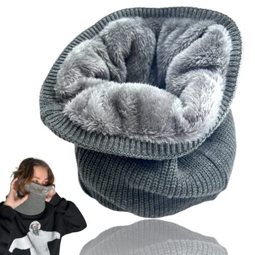BYCO Halswärmer aus Wollstoff mit weichem Fell im Innenbereich, Thermo-Hut, Schal mit Kreisstrick, Unisex für Sport, Fahrrad, Skifahren, grau, Einheitsgröße Cover