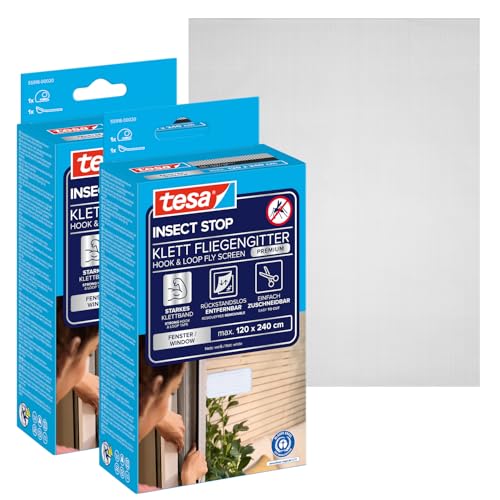 tesa INSECT STOP Klett Fliegengitter Premium für Fenster, Insektenschutz mit starkem Klettband, rückstandsfrei entfernbar, zuschneidbar, ohne Bohren - 2x 120 cm x 240 cm - Anthrazit (Durchsichtig)