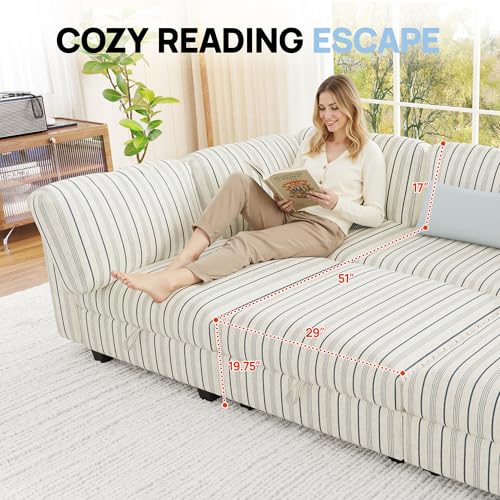 Image of 99 inch Cotton Linen Modular Sectional Sofa Bed with Hidden Storage, 10 Seat Convertible L U Shaped Sleeper Couch with Ottoman Chaise, Farmhouse Modular Sectional Couch with Removable Cover for LivingRoom