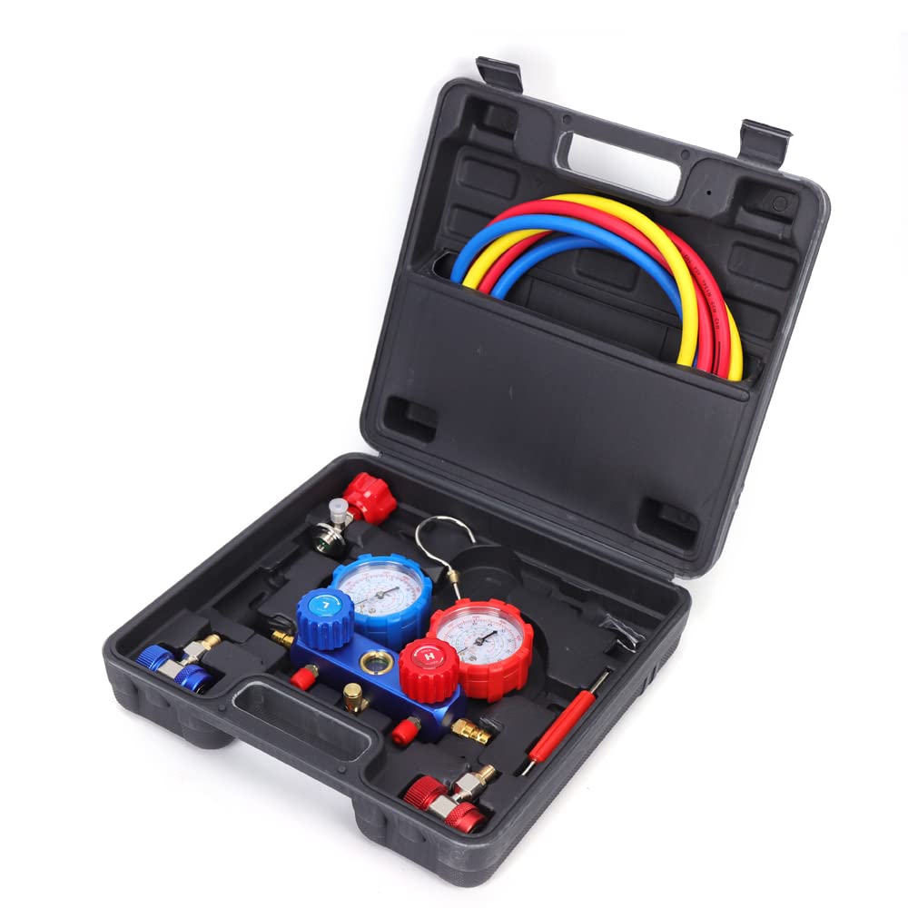 Krümmer Manometer Set Kfz, Klimaanlage Monteurhilfe Gauge Set - Auto Klimaanlagen Manifold Gauge mit Schlauchset für R410A/R134A/R536A/R530G/R636G