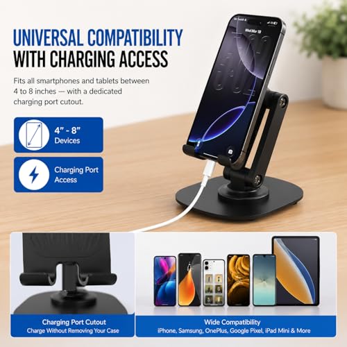 Image of Sounce 360 Rotatable Foldable Mobile Phone Holder | Adjustable Height Desk Stand with Metallic Base & Anti-Skid Pad | Compatible with All Smartphones, Tabletop, Tablets, iPad, Kindle (Black)