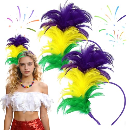 KERYBW 2 diademas de plumas coloridas, accesorios para el pelo, accesorios para el pelo de los años 20, para carnaval, cóctel, cosplay, bodas, fiestas (verde, amarillo y morado)
