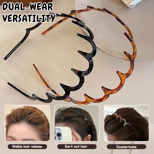 2025 New Reversible Korean Headbands with Teeth, 2PCS High Cranium Headbands for Women, New U Shape Fashion Zigzag Tooth Hair Comb Headband for Women Gifts for Teen Girls (Amber+Black)4