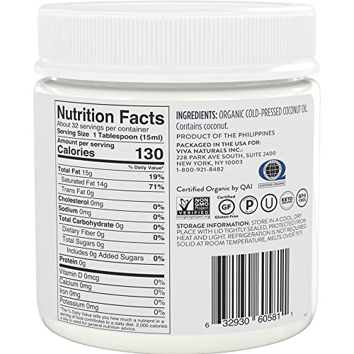 Viva Naturals Organic Extra Virgin Coconut Oil, 32 Oz & Organic Virgin Coconut Oil 16 Ounces / 473 Millilitres #TOP5