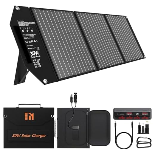 Mesuvida 30W Placa Solar Portatil con 5 Puertos, 18V MC4 Mayor Salida/18V DC/QC 3.0 USB-A y USB-C (PD 18W) Cargador Solar, Panel Solar Plegable con Soportes, Placas Solares Camper