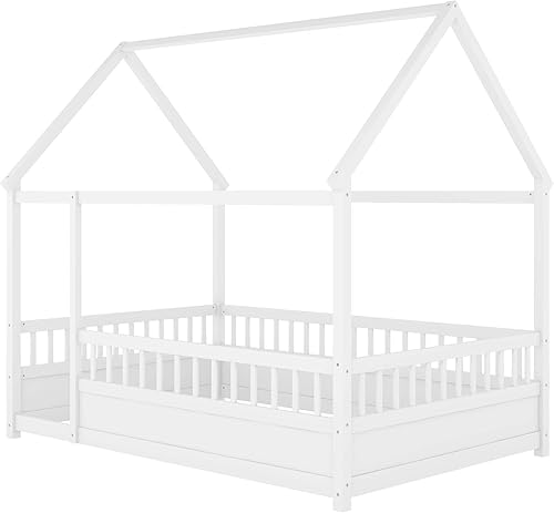 Miniatura 22 de Bellemave Cama Montessori de madera con valla y techo para niños, marco de cama individual para niños, niñas (individual, blanco)