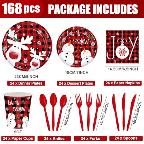 168PCS Christmas Reindeer Party Supplies Kit Xmas Cartoon Elk Party Decoration with Red and Black Plaid Snowflake Snowman Paper Plates Cups Napkins Dinnerware for Home Winter Xmas Holiday Serves 24 – Image 3