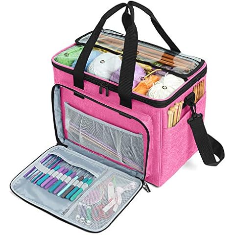Teamoy Knitting Bag, Yarn Storage Tote with Nylon Zippered Cover, Multiple Inner Divider for Yarn and Unfinished Project, Crochet Hooks, Needles and Accessories (Large, Pink) Cover