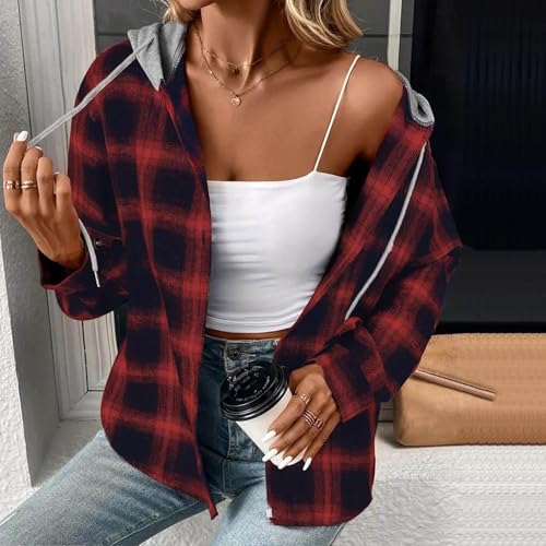 Women's Hooded Plaid Shacket 2025 Fashion Button Down Jackets Baggy Casual Long Sleeve Fall Outwear Flannel Shirts2