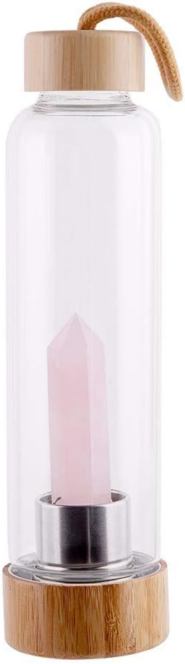 Bamboo Rose Crystal Quartz Wand Water Bottle, Natural Crystal Healing Points, Bamboo Lid + Travel Sleeve, BPA Free