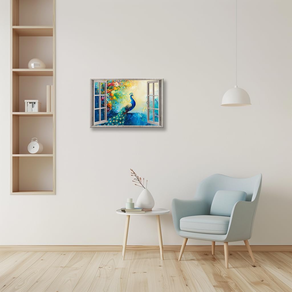 Lnzinro Peacock Wall Art Bird Poster Canvas Framed Animal Wall Decor Painting Artwork, Abstract Outside The Window Flowers Decor Prints for Home Hanging 12x18 inches