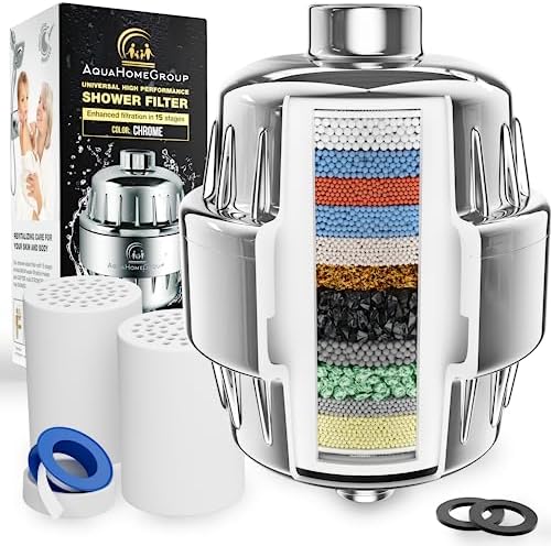AquaHomeGroup 15 Stage Shower Filter with Vitamin C for Hard Water - High Output Shower Water Filter to Remove Chlorine and Fluoride - 2 Cartridges Included -Consistent Water Flow Showerhead Filter