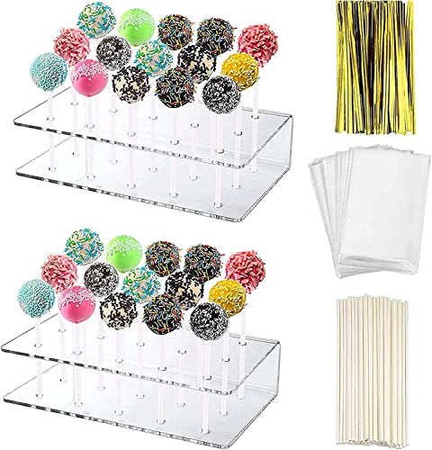 2 Packs Acrylic Lollipop Holder Acrylic Cake Pop Stand Display Cake Pop Holder 100Pcs Lollipop Sticks 100Pcs Clear Treats Bags And 100Pcs Gold Metallic Twist Ties For Candy Cake Pop Making Tools #TOP24