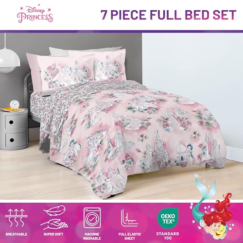 Image of Disney Princess Full Size Comforter Set 7 Piece Floral Bedding, Pink