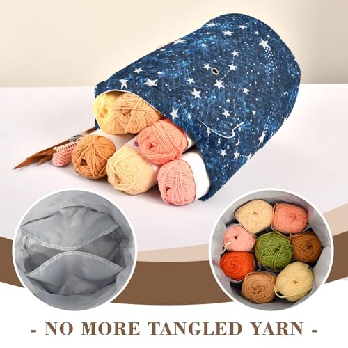 Image of Tatenale Crochet Bag Yarn Bag Knitting Project Bag with Pockets and Handle Portable Yarn Storage Organizer Tangle Free 8.3x11 InchDark Blue Star33