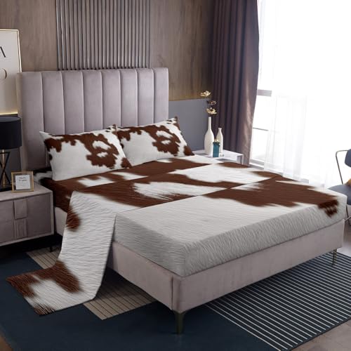 Cowhide Bed Sheets Full, Cow Skin Print Sheet Set For Kids Boys Teens Men Bedroom Decor, Wildlife Fur Hair Fitted Sheet+1 Bull Cattle Skin Flat Sheet+White Brown Cow Spot Pillow Cases, 4 Pieces
