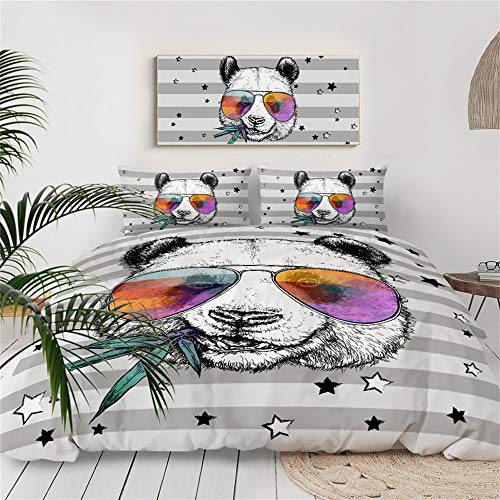 Wwzz Funny Panda Bedding Set Luxury Colorful Glasses Duvet Cover Bamboo Leaf Bedclothes Striped Stars Bed 3D Printed 3-Piece Bedding Set Duvet Cover Set With 2 Pillowcase, Soft Microfiber,Uk Single #TOP1