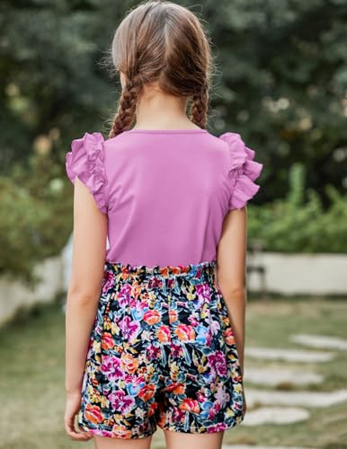 Image of Arshiner Girls 2 Piece Outfits Summer Clothes Ruffle Short Sleeve Shirts Top and High Waist Paper Bag Shorts Set with Pockets