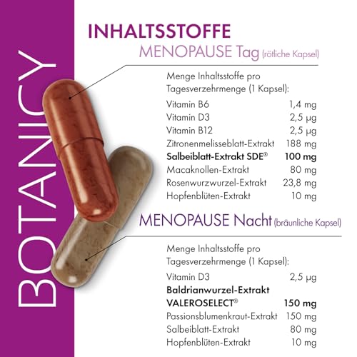 BOTANICY Menopause Tag & Nacht - Gegen Wechseljahre Symptome - Komplexe für Morgen & Abend, mit Salbei & Baldrian - Pflanzenextrakte & Vitamine - Natürlich, Hormonfrei, Vegan - 180 Menopause Kapseln
