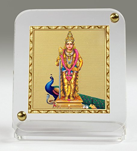 Image of Eknoor Gold Plated Kartikeya Murugan Peacock Snake Acrylic Frame | Gold-plated Murugan Kartikeya Ji with peacock and snake foil on acrylic Recta 45 /50 frame - car, desk and puja ghar