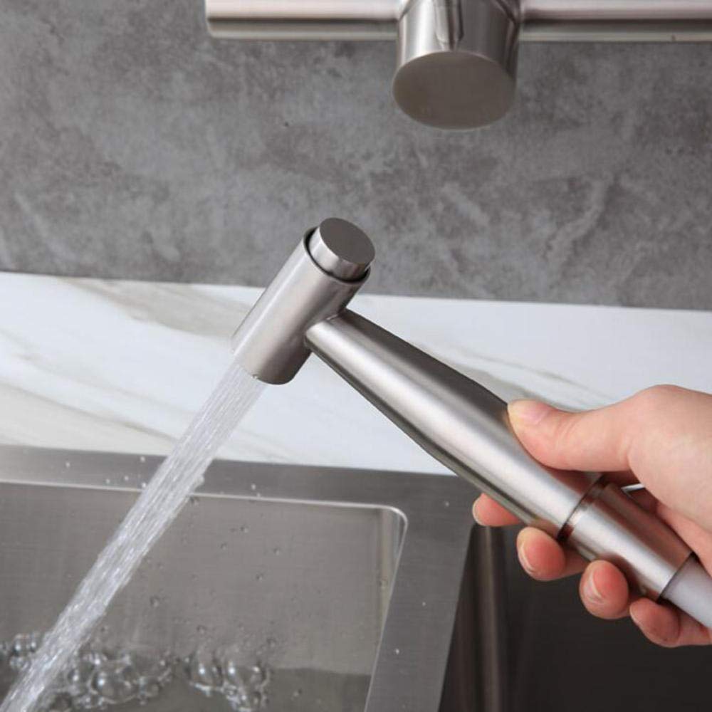 Grifo de Cocina de Pared Acero Inoxidable Trefilado Grifos Cocina con Pistola Frío y Caliente Boquilla 2 Modos Giratorio Grifo Fregadero Cocina-A