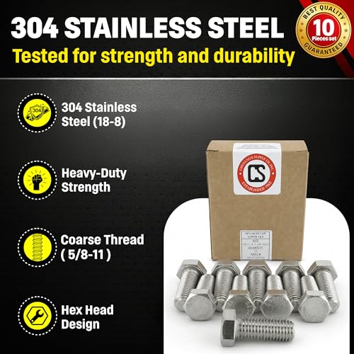 Image of Chenango Supply 5 /8-11 x 1-3 /4 inch Stainless Steel Hex Head Bolts | 304 Stainless, USS Coarse Thread, 100,000-125,000 PSI Tensile Strength, Corrosion-Resistant Hardware Bolts (10 Pieces)